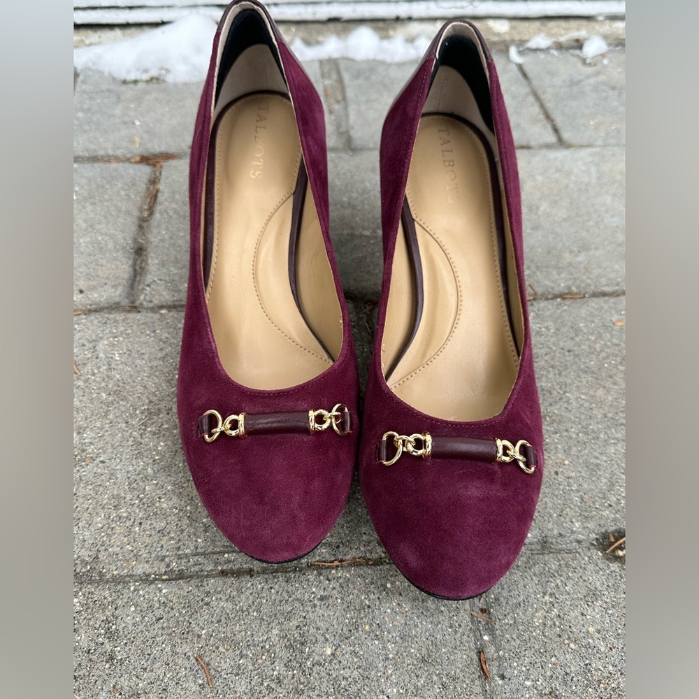 Talbots Burgundy Suede Loafers with Gold Horsebit Accent